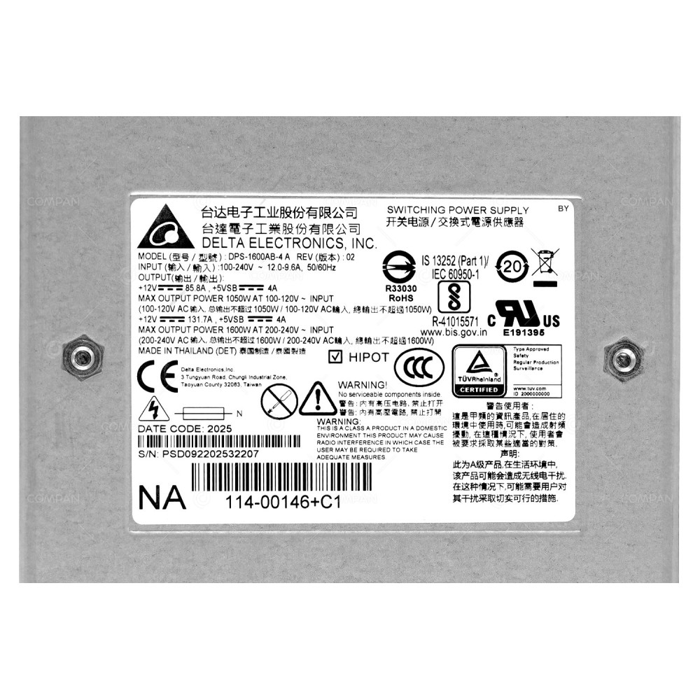 114-00146 NETAPP 1600W AC POWER SUPPLY FOR AFF-A700 FAS9000 114-00146+C1, DPS-1600AB-4